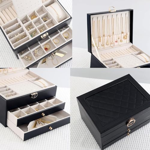 Image of Jewelry Box For Women Girl Wife 3 Layers Large Pu Leather Jewelry Organizer Storage Case With Two Drawers Display For Earrings Bracelets Rings Watches Design Jewelry Box, Jewelry Organizer (Black)