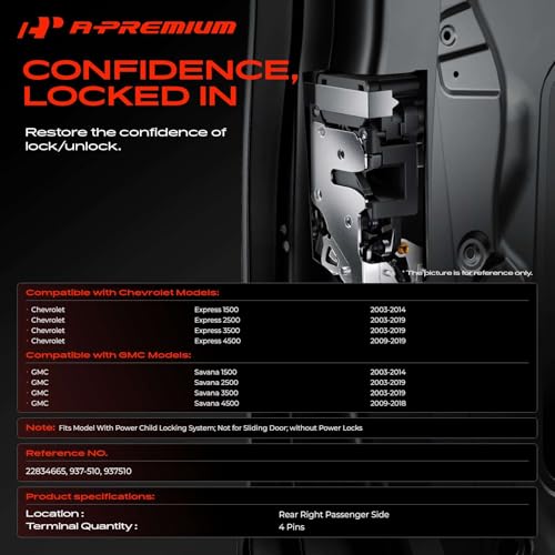 Image of A-Premium Rear Right Door Lock Actuator Compatible with Chevy Express 1500 2500 3500 4500 & GMC Savana 1500 2500 3500 4500, Without Power Locks, Not for Sliding Door, with Power Child Locking System