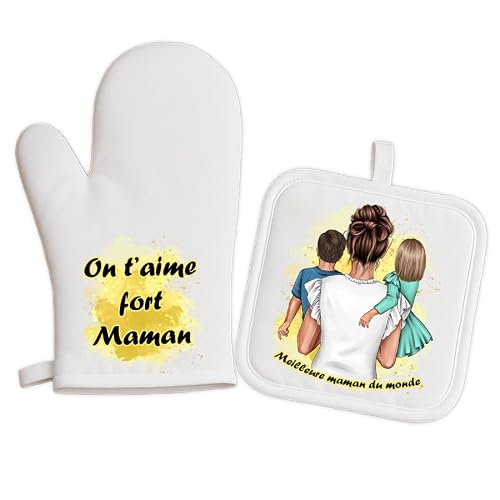 Générique - Duo Manique et Gant de Cuisine Personnalisés – Maman avec 1 ou 2 Enfants – Message Personnalisé – Cadeau Fête des Mères ou Anniversaire – Accessoire Cuisine – Expédition 24H
