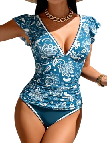 Image of Aidonger Women's Tankini Swimsuit Tummy Control Ruffle Two Piece Bathing Suit V Neck Ruched Swimwear with Bottom