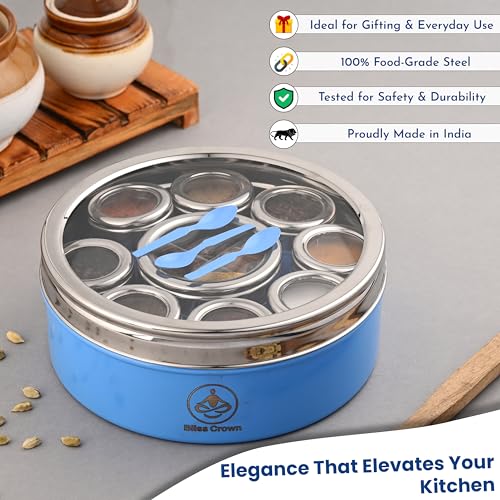 Image of 12-in-1 Stainless Steel Spice Box (Azure Blue) | Masala Dabba with 8 Containers + 1 Divider Box (4 Sections) + 3 Spoons | Airtight, Premium Coated Finish, Kitchen Organizer