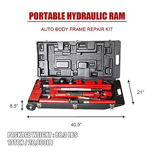 Hpdmc 10 Ton (20,000 Lb) Capacity Portable Hydraulic Ram: Auto Body Frame Repair Kit With Rolling Blow Mold Carrying Storage Case, Red #TOP1