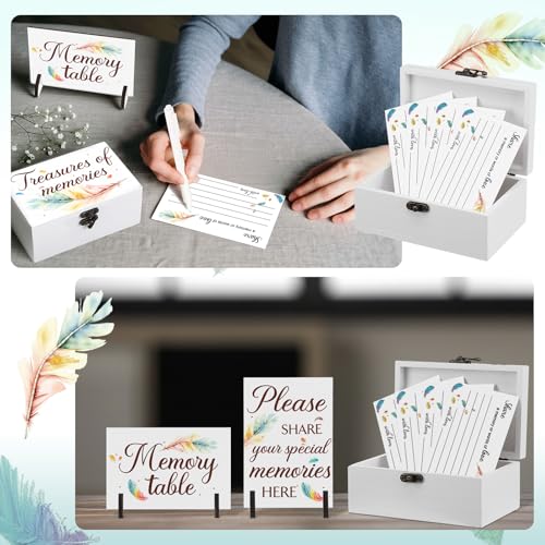 Image of Gilprop 112 Pcs Celebration of Life Memory Cards Set Share a Memory Cards with Box 2 Wood Sign with 4 Hold and 5 Pens, Sympathy Memorial Gifts Funeral Keepsake Decorations(Feather)