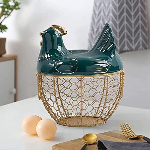 FEETER Egg Storage Basket Metal Wire Fruit Basket with Chicken Shape Lid Ceramic Egg Holder, Storage Holds 30 Eggs