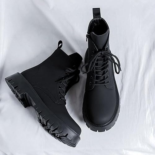 Men's Black Patent Leather Platform Combat Boots - Waterproof Motorcycle Biker Boots with Side Zipper angle 7