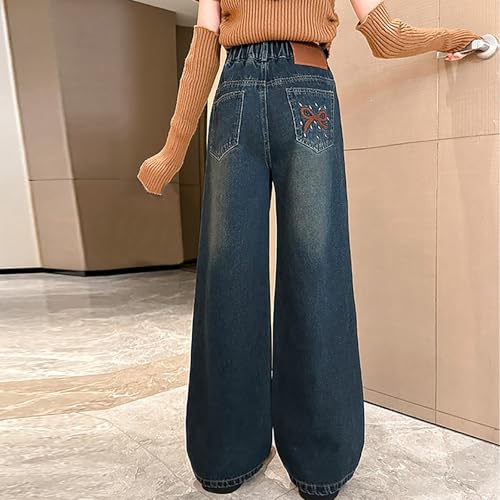 Girls Jeans Retro Wide Leg Denim Pants Kids Elastic Waist Button Straight Trousers Casual Preppy Streetwear with Pockets2
