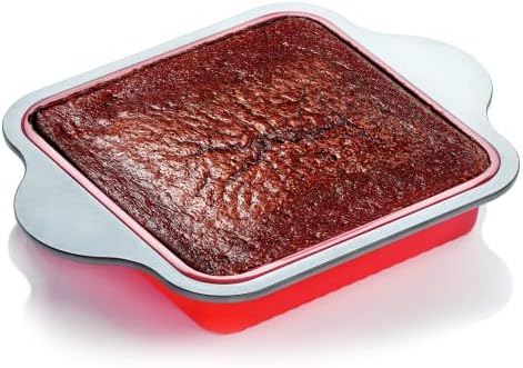 Boxiki Kitchen Non-Stick Silicone 8x8 Square Cake and Brownie Pan with Easy Grip Steel Frame Handles - Easy to Release, Oven & Dishwasher Safe