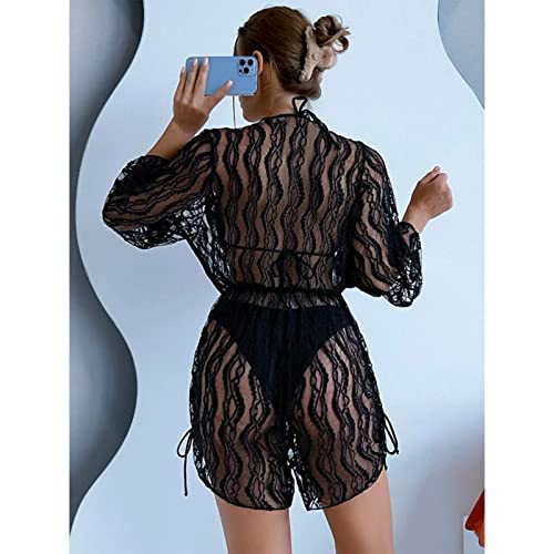 Teen Girl Tops Color Mesh Bikini Three Sets Identity Swimsuit High Waist Drawstring Swimsuit Beach Sports Swim Top Black #TOP4