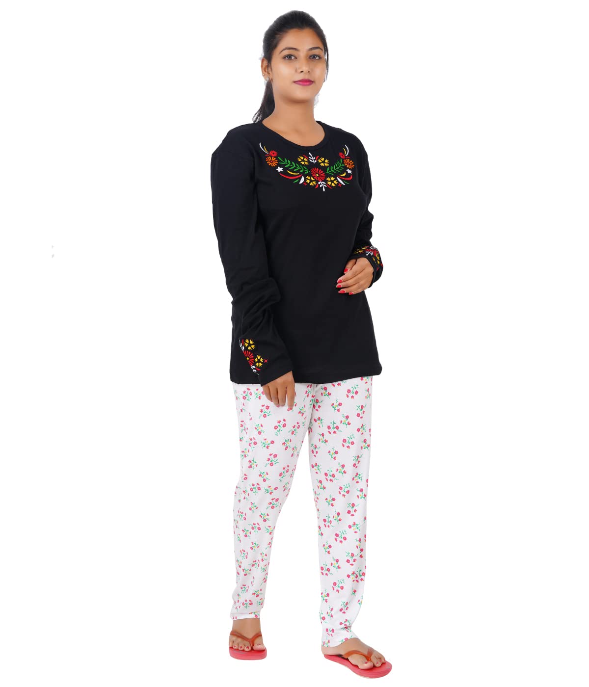 Women Embroidered Black Full Sleeve top and Printed Pyjama Set | Embroidered on Two Sleeves | Relaxed Home wear at Under 550-picture-11