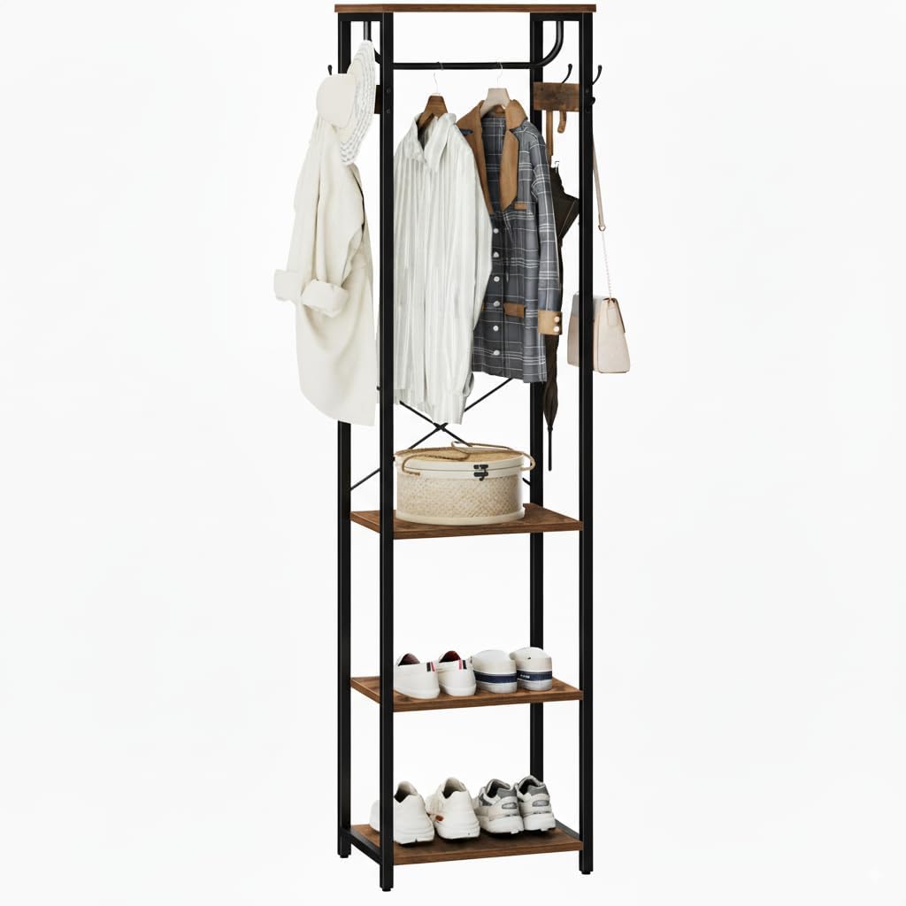Coat Rack With Hanging Rod, Garment Rack With 3 Wooden Shelves and 4 Hooks, Freestanding Hall Tree, Industrial Clothes Rack Stand Organizer, Rustic Brown and Black