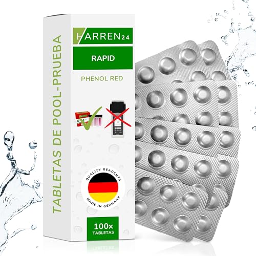 harren24 Pastillas de prueba (Rapid) DPD 1 Cloro, DPD4 Oxígeno Activo, Alcalinidad M, CYA, Rojo Fenol Valor en pH Comprobador de agua de piscina 50, 100, 250, 500x (Rojo Fenol / 100 Pastillas)