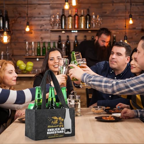 WenmthG Witzige Ruhestand Geschenk Männerhandtasche Bier mit Flaschenöffner und Grußkarten für Männer Mann Frauen Freund Kollegen Biertasche aus Hochwertigem Filz Flaschenträger für 6 Bierflaschen