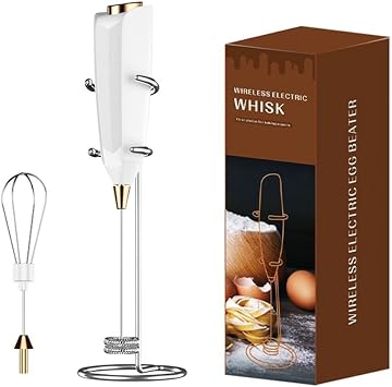 Electric Milk Frother with Stainless Steel Whisk Head for Frothing Almond Soy Oat and Cow Milk for Specialty Coffee Drinks White