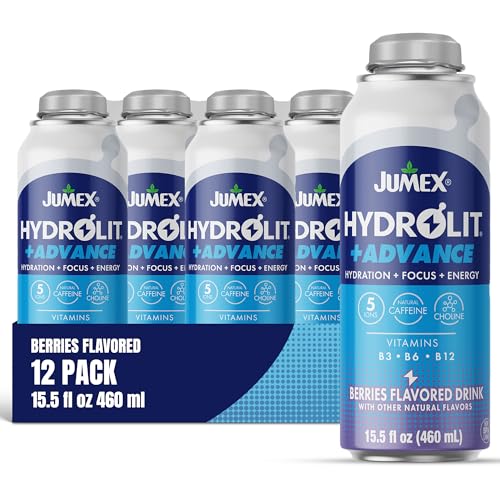 Jumex Hydrolit Advance Electrolyte Drink - Hydration Boost Vitamin Water with Ions, Choline, B3, B6, B12 & Natural Caffeine - Rehydration Sports Drinks - Blueberry Flavored Water - 15.5oz, 12 Pack