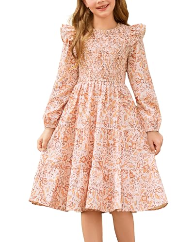 GRACE KARIN Girls Long Sleeve Fall Floral Dress Ruffle Round Neck Smocked Layered Hem