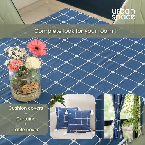 Image of Urban Space 100% Cotton Rectangular Dining Table Cover 4 Seater, Premium Embroidered Cotton Table Cover for Center Table with Tassels, Rectagular Table Cloth 52 inch x 72 inch (4 Seater, Aura Checks Indigo)
