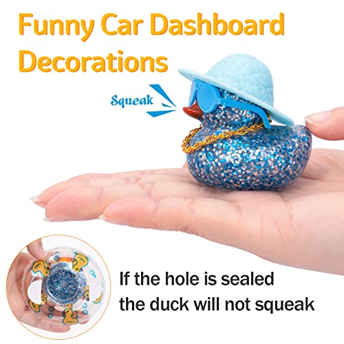 wonuu Shining Rubber Ducks with Plastic Sunglasses Swim Ring Necklace Hat, Glittering Cute Car Accessories Car Decor Dashboard Decorations Car Duck Cute Pink Car Accessories, Blue Glasses-Clear