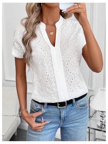 SweatyRocks Women's Boho Summer Blouses Eyelet Embroidery Dolman Short Sleeve V Neck Tops3