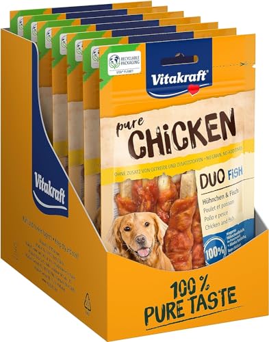 Vitakraft Pure Chicken Duo Fish, snack cane, filetto di pollo e pesce, con omega 3, snack per l’addestramento del cane, senza zuccheri aggiunti (8x 80g)