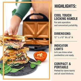 Gotham Steel Nonstick Panini Press Sandwich Maker, 2in1 Breakfast Sandwich Maker Grill / Sandwich Press Grill with Indicator Light, Grilled Cheese Maker Makes 2 Sandwiches with Easy Cut Edges