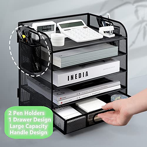 5 Slot Desk Organizer Tray,Desktop File Organizer With Handle, Letter Tray Paper Organizer With Drawer And Pen Holders, Mesh Office Supplies File Holder, For Home, Office, Or School, Black #TOP3