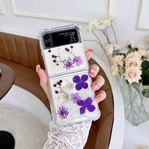 Shinymore Galaxy Z Flip 3 Real Flower Case, Soft Clear Flexible Rubber Pressed Dry Real Flowers Case Girls Women Glitter Shockproof Floral Cover For Samsung Galaxy Z Flip 3 -Purple Flower #TOP1