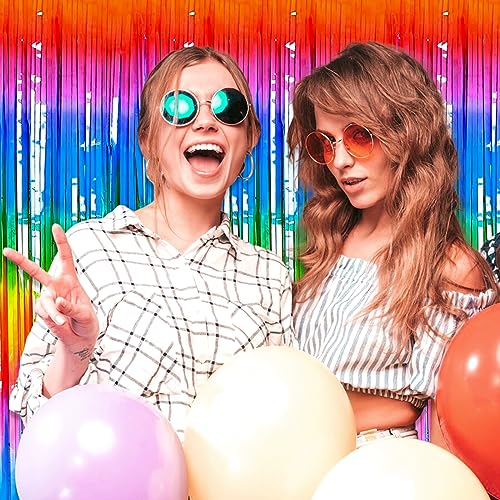 Image of 6 Pack Dark RainbowFoil Fringe Curtain Backdrop, 3.28Ft x 8.2Ft Metallic Tinsel Foil Fringe Streamer Curtains for Photo Booth, Christmas Day, Thanksgiving, Wedding, New Year Party Decorations