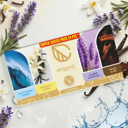 Image of Airganic Aroma Swing - Pack of 4 (40 ml) - Combo: Cool Ocean, Mexican Vanilla, Lavender & Black Oudh Car Perfume | Aroma Essential Oils in Glass Bottle with Wooden Diffuser Lid | Car Accessories 2026