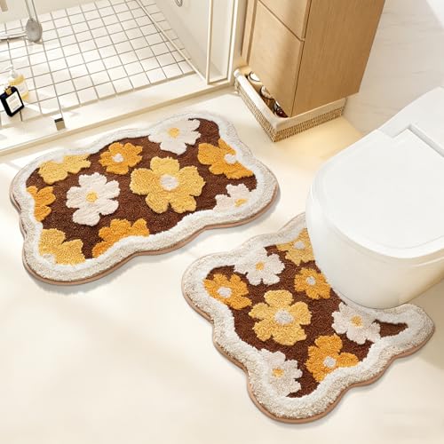 Bathroom Rug Set 2 Piece, Soft Cute Bath Mat and U-Shaped Contour Toilet Rug, Absorbent Microfiber Plush Bath Rug Set, Non-Slip Bath Carpet, Machine Washable, 32x20 Plus 22x20