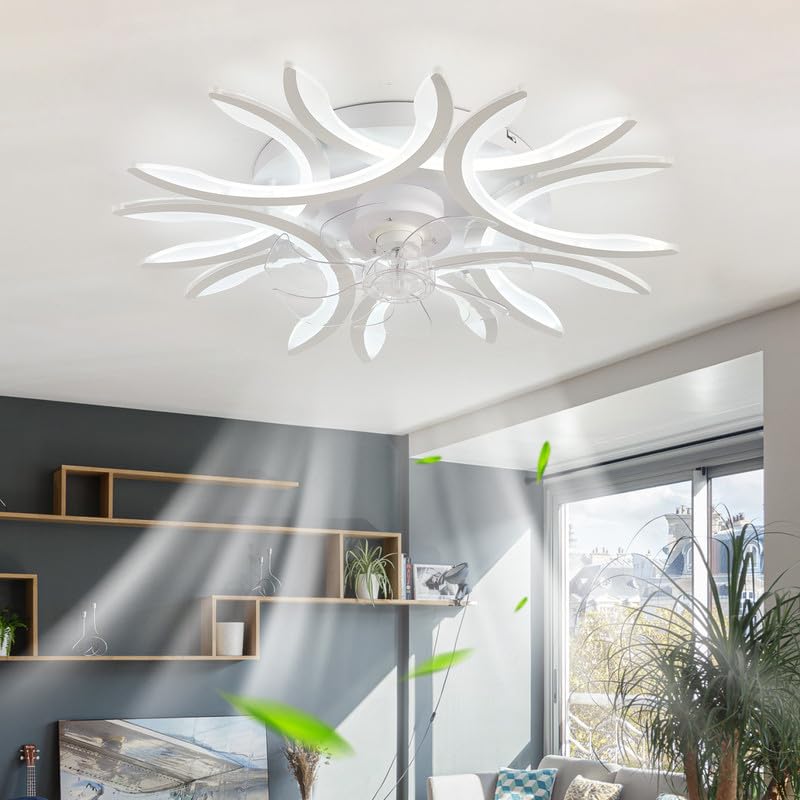 NVZHIDAI LED Ceiling Fan Lights Bedroom Remote Control Silent Ceiling Light with Fan Dimmable Reversible 6 Speed Flush Mount Fan Light Smart DC Large Modern for Living Room, Lounge, White||A