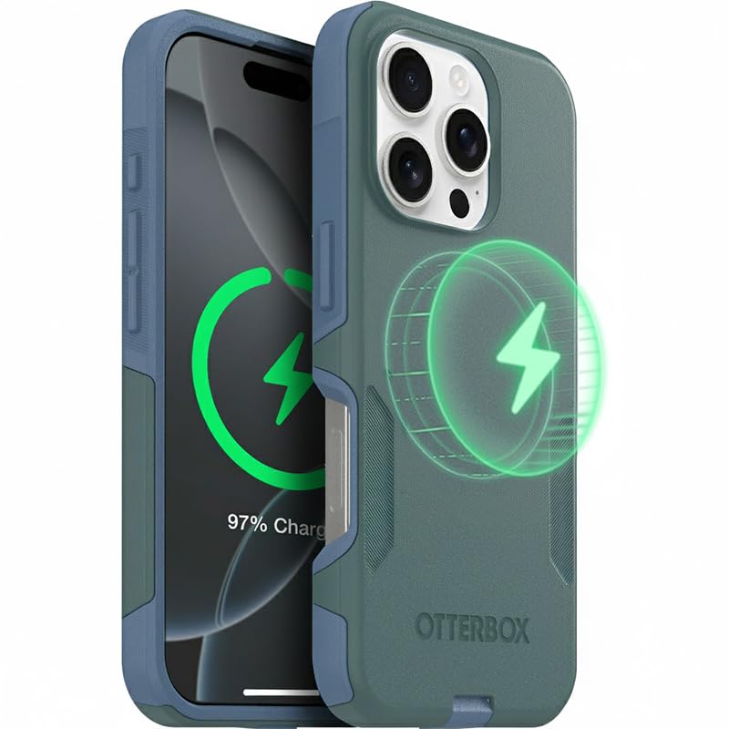 Image of OtterBox iPhone 16 Pro (Only) - Commuter Series Case - Built-in MagSafe - Thin, Dual-Layer, Pocket-Friendly, Port Cover - Saltwater Breeze (Sage /Blue)