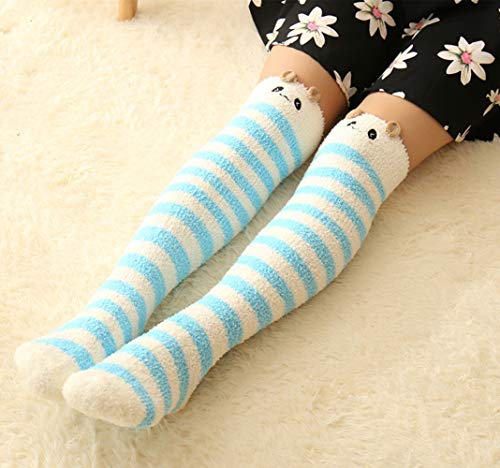 Image of Girl's Leg Warmers Soft Warm Animal Coral Fleece Thigh High Long Striped Socks