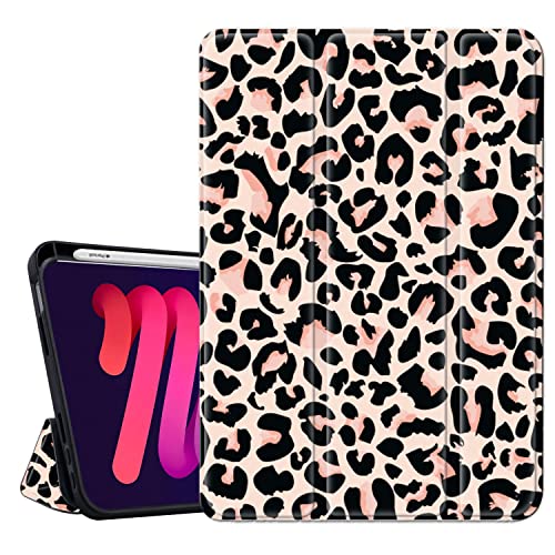 Hi Space iPad Mini 6 Case 2021 8.3 inch with Pencil Holder, Leopard Cheetah Trifold Stand Protective Shockproof iPad Mini 6th Generation Cover Auto Sleep Wake for A2567 A2568 A2569