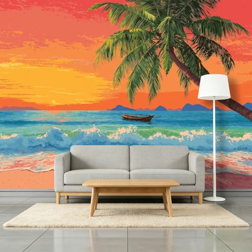 Papel pintado fotográfico de fieltro con diseño de palmeras y puesta de sol, 500 x 280 cm, póster de verano para dormitorio, salón, moderno papel pintado no tejido, papel pintado para pared