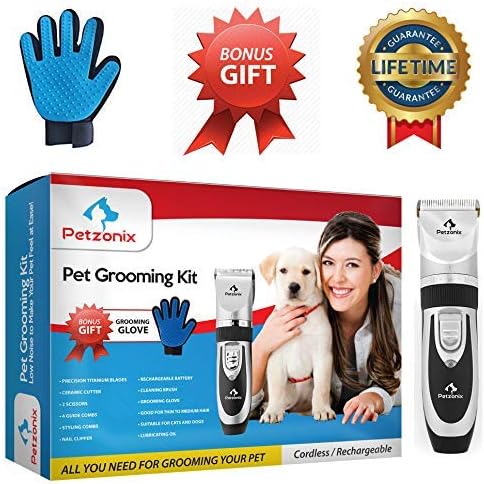 Petzonix Pet Grooming Kit | Set Includes Detangler Comb, Deshedding Glove, Nail Clippers & Hair Scissors for Dogs & Cats | Cordless & Rechargeable Professional Trimmer for Short, Medium & Long Fur