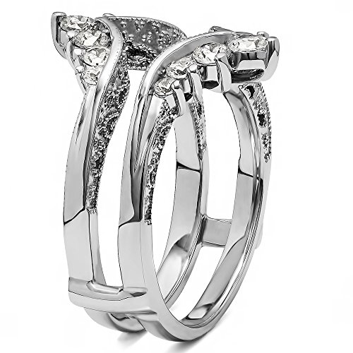 Twobirch Sterling Silver Chevron Vintage Ring Guard With Millgrained Edges And Filigree Cut Out Design With Cubic Zirconia (0.74 Ct, Size 4) #TOP2