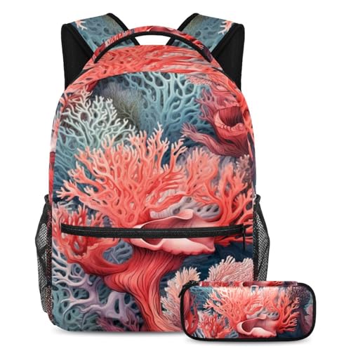 Ensemble cartable corail profond 9 avec trousse d'école grand format pour étudiants