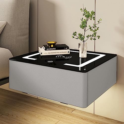 HJYBFA Mesa Auxiliar Flotante Moderna con estación de Carga inalámbrica, Luces LED y cajón de Almacenamiento, Ideal para Decorar el Dormitorio o la Sala de Estar (Gris Claro, 40 cm)