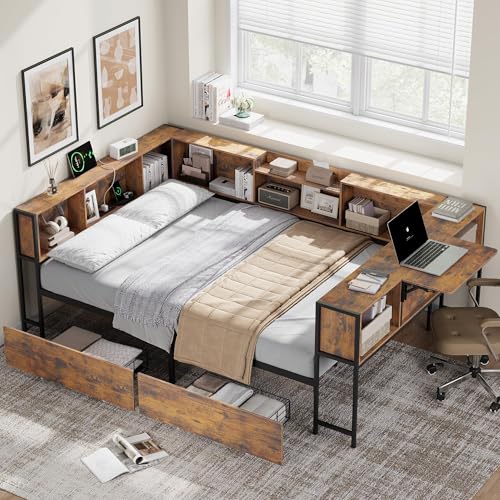 Full Corner Bed Frame with Storage Bookcase and Desktop, Daybed