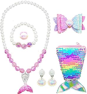 Felly Little Girl Jewelry Set, Jewellery for Girls Kids Dress Up, 7 Pcs Jewellery Toys Play, Necklaces, Bracelet, Rings, Earrings, Hair Clips and Mermaid Handbag, Kids Princess Accessories Gift