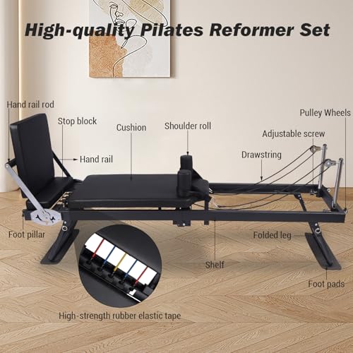 Foldable Pilates Equipment for Home Workouts,Pilates Reformer Machine for Home Gym,Pilates Exercise Equipment with Jump Board,Color Cords Set of 2