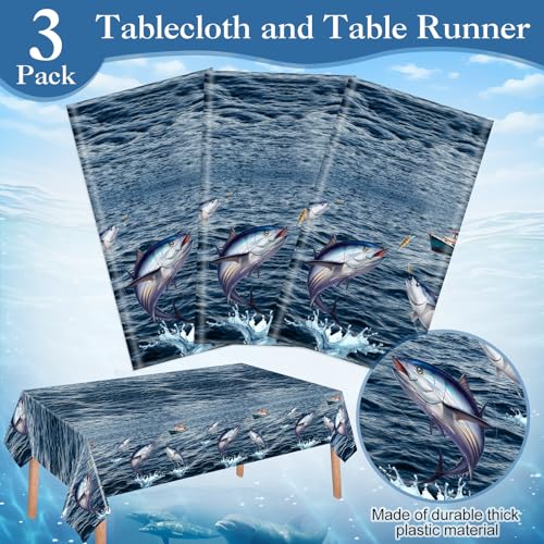 Image of Ganeen 3 Pcs Fishing Tablecloth Disposable Plastic Table Covers Ocean Scene Waterproof Tablecloths for Gone Fishing Themed Tournament Birthday Party Decor, 54 x 108 Inch