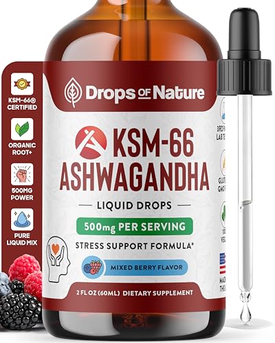 KSM-66 Ashwagandha Liquid Drops Vegan GMO Free & Fast Absorbing Form Ashwagandha Supplements for Daily Wellness Support Promotes Focus and Clarity Supports Daily Vitality (Mixed Berry 60ml)