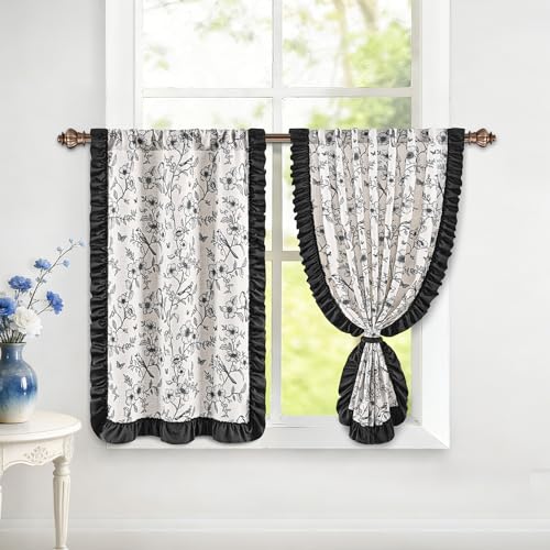 Yinhua Floral Kitchen Curtains 36 Inch with Ruffle Tieback, Farmhouse Vintage Linen Kitchen Window Curtains Over Sink, Light Filtering Rod Pocket Small Cafe Curtain, 26" W x 36" L, 2 Panels, Black