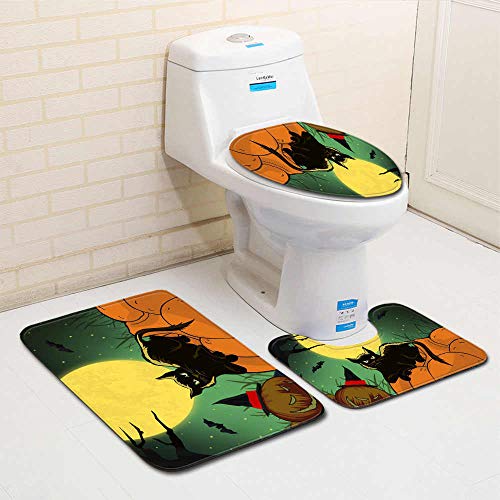 Claean-Acces-Home Toilettendeckelbezug 3 Stück Halloween Toilettensitzbezug Memory Foam Dusche Wc Matte Kürbislaterne Gedrucktes Anti-Rutsch-Bad-Set Für Badezimmer-Nr. 2_50X80Cm 3St