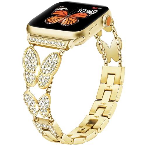 Image of Butterfly Band for Apple Watch Bands 40mm 41mm 42mm for Women Gold | 42mm(S11 /10) 38mm iWatch SE Series 11 10 9 8 7 6 5 4 3, Slim Thin Metal Fancy Bling Cute Dressy Strap for Apple Watch Band