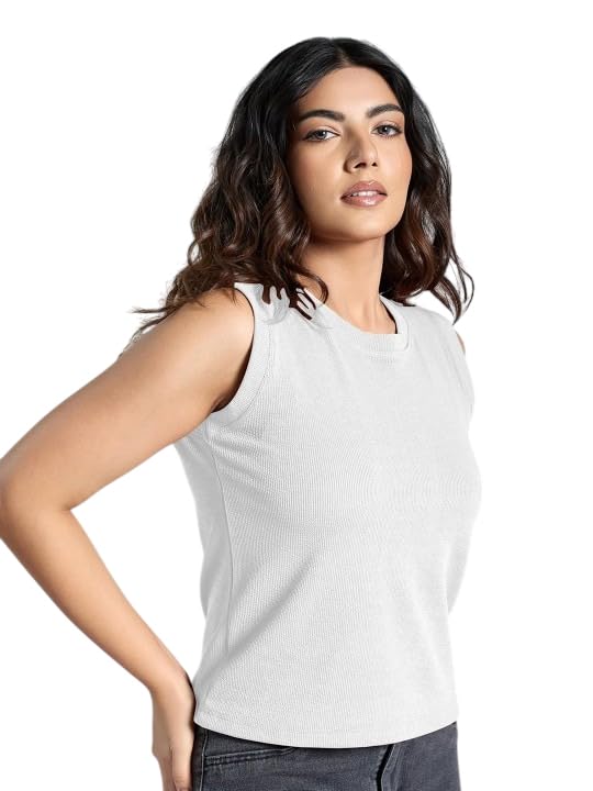 Image of Women's Black Ribbed Sleeveless Tank Top, Round Neck, Casual Everyday Wear