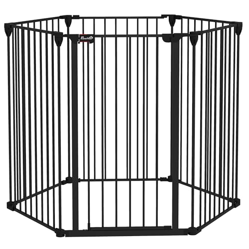 PawHut Cancellino per Cani Taglia Media Pieghevole con Doppia Chiusura di Sicurezza, Cancelletto di Sicurezza Modulabile in Metallo e Plastica, 123x102x100 cm, Nero