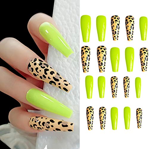 24 Pcs Press on Nails Coffin, Luvehandicraft Long Glossy Fake Nails Coffin, False Nails with Glue for Women and Girls (Yellow Leopard)