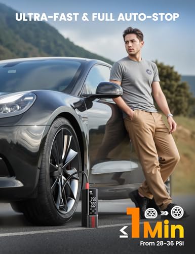 Image of Lamicall Portable Car Tire Inflator - Air Compressor [150 PSI] [4X Faster] Cordless Car Air Pump Rechargeable, Pressure Gauge Display, LED Light, for Cars, Motorcycles, Bike, Wheels Accessories Gifts